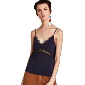 NWOT Zara Navy Blue Camisole with Black Lace Trim